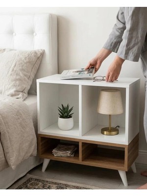 Miramob 4 Bölmeli Modern Başucu Sehpası Geniş Kitaplık Komodin Beyaz Safir Meşe