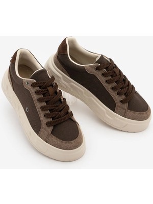 Marjin Kadın Sneaker Süet Yüksek Kalın Desenli Ultra Hafif Taban Bağcıklı Spor Ayakkabı Keten Noska Kahve