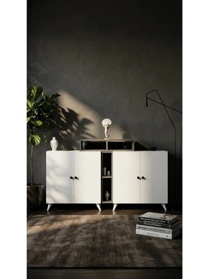 Miramob 4 Kapaklı ve 4 Bölmeli Modern Dev Şifonyer Konsol Antre Ünitesi 147 cm Antrasit Beyaz