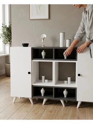 Miramob 2 Kapaklı ve 6 Bölmeli Modern Geniş Şifonyer Konsol Antre Ünitesi 132 cm Antrasit Beyaz