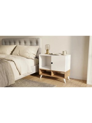 Miramob Kapaklı ve 3 Bölmeli Modern Başucu Sehpası Geniş Komodin Beyaz Safir Meşe