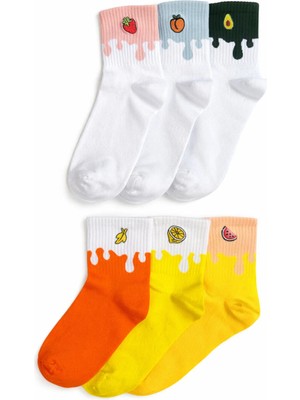 Kadın 6’lı Meyve Desenli Renkli Çorap Seti – Nakışlı, Günlük Kullanıma Uygun Sneaker Çorap