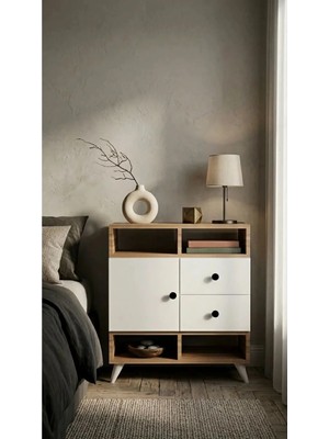 Miramob Kapaklı 2 Çekmeceli ve 4 Bölmeli Modern Başucu Sehpası Geniş Komodin Safir Meşe Beyaz