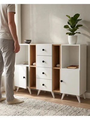 Miramob 4 Kapaklı 4 Çekmeceli ve 4 Bölmeli Şifonyer Geniş Konsol Saklama Ünitesi Antrasit Beyaz