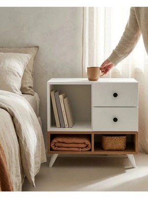 Miramob 2 Çekmeceli ve 3 Bölmeli Modern Başucu Sehpası Geniş Komodin Safir Meşe Beyaz