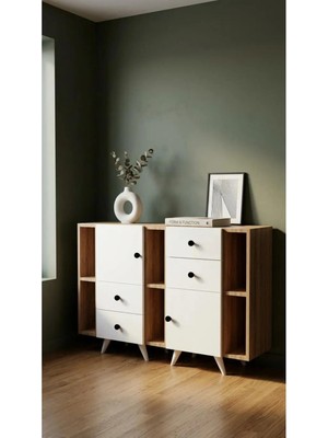 Miramob 2 Kapaklı 4 Çekmeceli ve 6 Bölmeli Modern Geniş Şifonyer Konsol Safir Meşe Beyaz