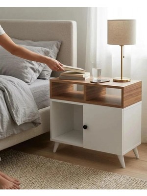 Miramob Kapaklı ve 2 Bölmeli Modern Başucu Sehpası Geniş Komodin Safir Meşe Beyaz