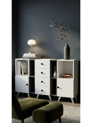 Miramob 2 Kapaklı 4 Çekmeceli ve 6 Bölmeli Modern Şifonyer Geniş Konsol Antre Ünitesi Antrasit Beyaz