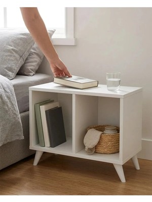 Miramob Geniş 2 Bölmeli Modern Başucu Sehpası Orta Sehpa Komodin Beyaz