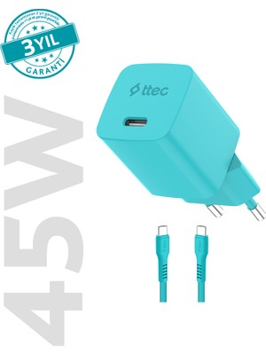 Ttec Smartcharger Gan 45W AVS Pd Seyahat Hızlı Şarj Aleti + Usb-C - Usb-C 3A 120 cm Kablo Neon
