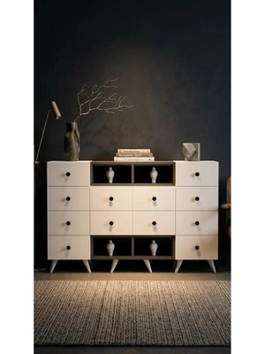 Miramob 12 Çekmeceli ve 4 Bölmeli Modern Dev Şifonyer Geniş Konsol Saklama Ünitesi Antrasit Beyaz