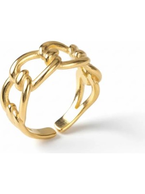 Tesbihane Zincir Tasarım Gold Renk 925 Ayar Gümüş Kadın Yüzük