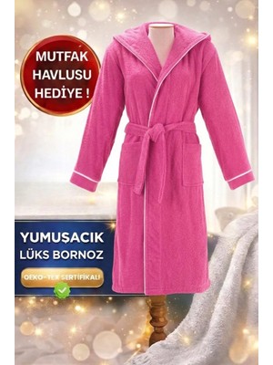 Layvera Bornoz | %100 Pamuk-Kapüşonlu-Biyeli-Cepli-Fuşya