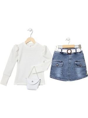 Celira Bluefeet Mavi Kot Şort Etek Kazayağı Kız Çocuk Takım 1025