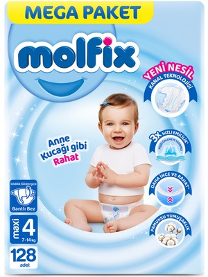 Molfix Bebek Bezi 3D 4 Beden Maxi 7-14 kg 128'li Mega Paket