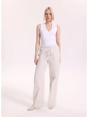 Fabrika Beyaz Kadın Relaxed Çizgili Pantolon F6SL-PNT0340