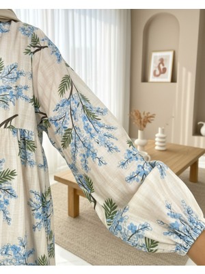 Modamorfo Kolu Lastikli Yarım Düğmeli Desenli Modal Elbise -Mavi