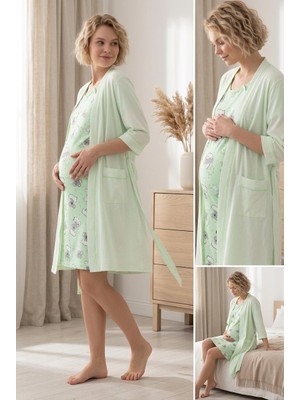 Cotonhause Mint Yeşili Desenli Hamile Lohusa Gecelik Sabahlık Takımı C3T6N3O504