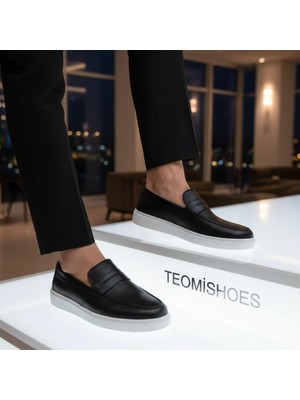 By Barretti Siyah Delikli Doku Beyaz Taban Loafer