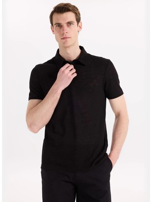 Fabrika Siyah Erkek Slim Fit Flamlı Polo T-Shirt F6SM-TST 2901