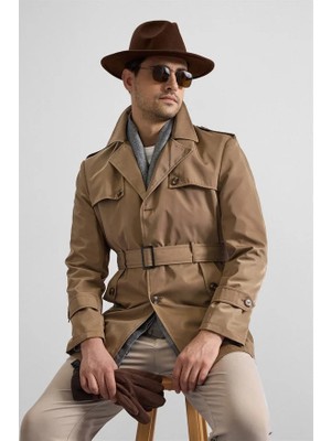 Süvari Bej Slim Kruvaze Yaka Düz Yan Cepli Düğmeli Dolgusuz Yıkamalı Trençkot