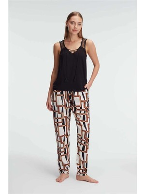 Findit Sıfır Kol V Yaka Viskon Geometrik Yazlık Uzun Ip Detaylı Pijama Takımı