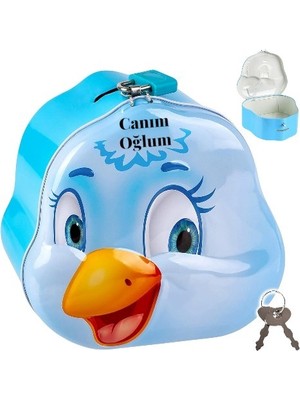 Hediye Fikri Kişiye Özel Sevimli Ördek Yavrusu Tasarımlı Kilitli Metal Kumbara – 15X15X7.5 cm Mavi Renk