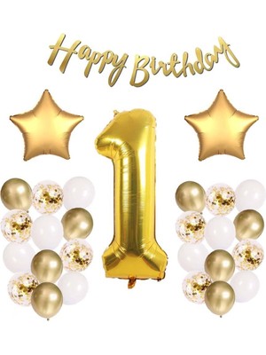 Gold Konsept 1 Yaş Doğum Günü Kutlama Seti; Beyaz Gold Konfetili Balon, Rakam Yıldız Folyo ve Banner