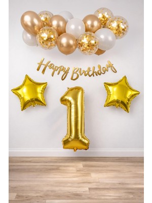Gold Konsept 1 Yaş Doğum Günü Kutlama Seti; Beyaz Gold Konfetili Balon, Rakam Yıldız Folyo ve Banner