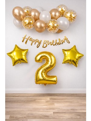 Gold Konsept 2 Yaş Doğum Günü Kutlama Seti; Beyaz Gold Konfetili Balon, Rakam Yıldız Folyo ve Banner