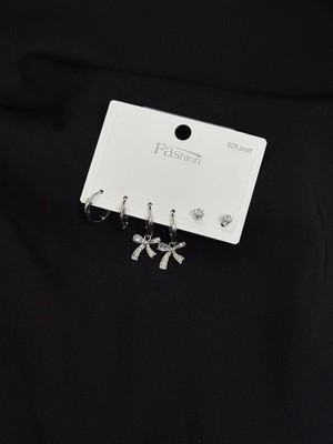 Melisa Takı & Aksesuar 316L Çelik Jewelry Gümüş Renk Fiyonk 6lı Set Zirkon Taşlı Küpe