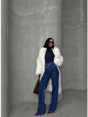 Herton Kadın Yüksek Bel Çapraz Düğme Detaylı Wide Leg Jean Pantolon