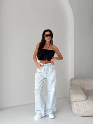 Herton Bağlama Detaylı Yüksek Bel Bol Paça Açık Denim Jean