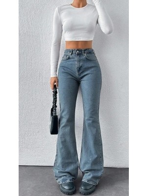 Herton Yüksek Bel Ispanyol Paça Jean Pantolon - Eskitme Detaylı Full Pamuklu Flare Denim