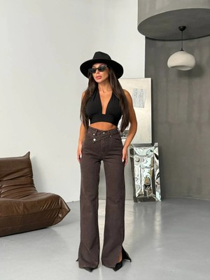 Herton Kadın Yüksek Bel Çapraz Kemer Wide Leg Jean – %100 Pamuk Füme Denim Pantolon