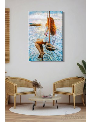 Şehber Modern Duvar Tablosu Dikey Kanvas Tekli Salon Mutfak Yatak Odası Ofis Salıncaktaki Kız