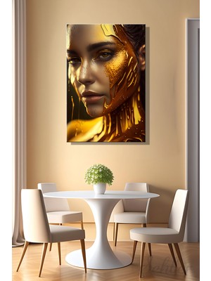 Şehber Modern Duvar Tablosu Dikey Kanvas Tekli Salon Mutfak Yatak Odası Ofis Altın Efekt Kadın Portre