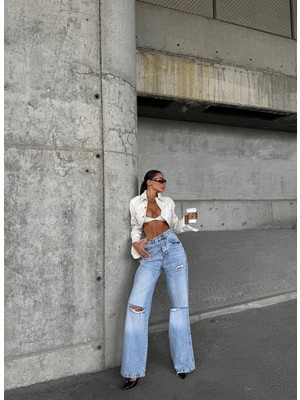 Herton Yüksek Bel Geniş Paça Jean - Dizleri Yırtık Detaylı Wide Leg Denim Pantolon