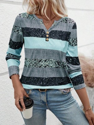 Civetta Kadın Uzun Kollu Yakadan Düğmeli Çizgili Desenli Süprem Bluz