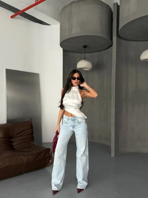 Herton Yüksek Bel Wide Leg %100 Pamuk Kadın Jean Pantolon –  Bol Paça Denim