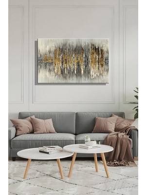 Şehber Kanvas Duvar Tablosu Yatay Tekli Salon Mutfak Yatak Odası Ofis Soyut Altın Gri Çizgisel Desen