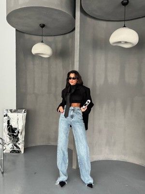 Herton Kadın Antrasit Yüksek Bel Wide Leg Jean Pantolon - %100 Pamuk  Denim