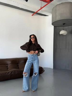 Herton Kadın Yüksek Bel Geniş Paça Denim Pantolon
