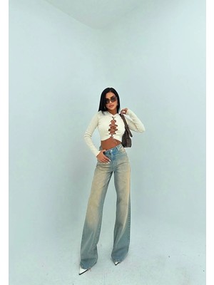 Herton Kadın %100 Pamuk Yüksek Bel Bol Paça Jean Pantolon