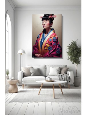 Şehber Dikey Dekoratif Kanvas Tablo Tekli Geleneksel Giysili Japon Geyşa Salon Mutfak Yatak Odası Ofis