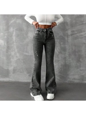 Herton Yüksek Bel Ispanyol Paça Jean Pantolon - Eskitme Detaylı Full Pamuklu Flare Denim