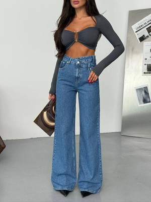 Herton Kadın Mavi %98 Pamuk Geniş Paça Jean Pantolon - Düşük Esnemeli Comfort Wide Leg Denim