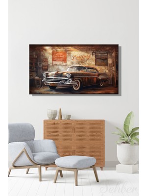 Şehber Panoramik Yatay Kanvas Duvar Tablosu Tekli Salon Mutfak Yatak Odası Ofis Vintage Araba