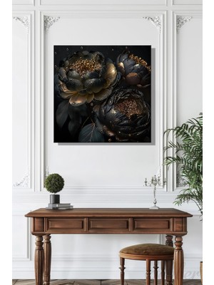 Şehber Kanvas Duvar Tablosu Kare Tekli Salon Mutfak Yatak Odası Ofis 3D Gold Efekt Siyah Şakayık Çiçek