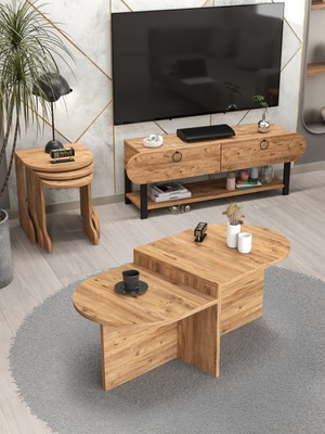 Gold Falez Tv Sehpası Ünitesi Tekli Orta Sehpa 3'lü Zigon Sehpa Set Üç Ürün Beyaz